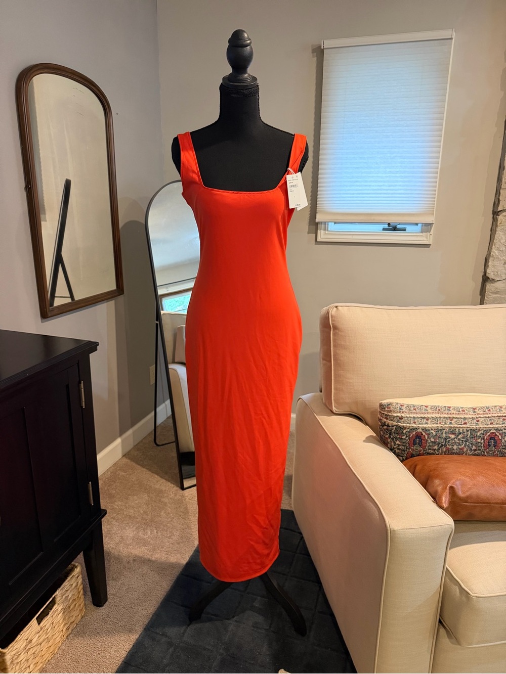 Good American Bold Red/Orange Square-Neck Maxi Dress